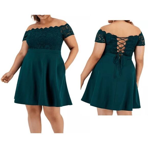 City Studios Women's Trendy Plus Size Green Lace-Bodice Off-The-Shoulder Dress 2 - Picture 1 of 9